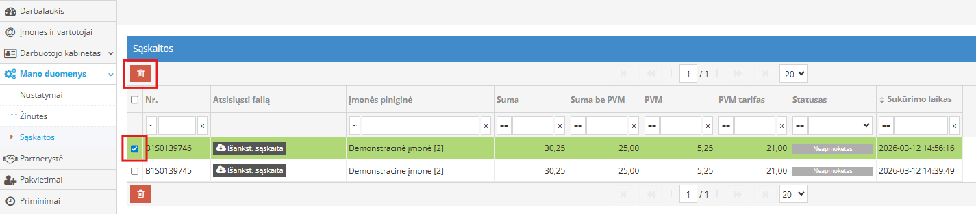 Sąskaitų sąrašo peržiūra paskyroje